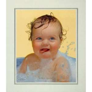  1953 Happy Baby Blue Eyes Soap Bubble Bath Color Print 