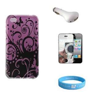  Purple Swirl Snap on Carrying Case for iPhone 4 + USB Car 