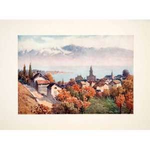  1909 Color Print Morges Vaud Lake Geneva Cityscape 