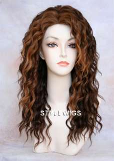 Long Human Hair Blend Curly 3 Tones Brown Auburn Blonde Mix Wig SAPL 