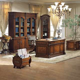 7Pc Antiqued Walnut Executive Desk, Chair, Bookcase, Curio & More Set
