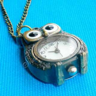 Bronze Vintage Owl Clock Pendant Necklace Watch Nice  