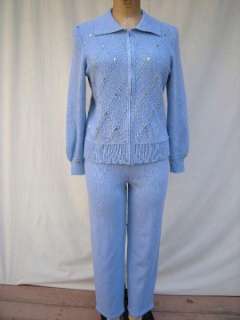 Vintage TOULA Santana Novelty Knit Wool Rayon Blend Blue Pant Suit Sz 