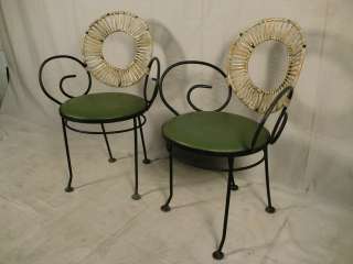 Pair Iron & Rush Decorative 1960s Patio Chairs (0563)r  