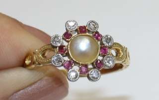 ANTIQUE VICTORIAN OCEAN PEARL, RUBY AND OLD MINE CUT DIAMOND RING IN 