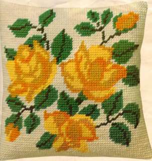 Vintage WonderArt Needlepoint Pillow Top ~ Yellow Roses ~ 14 x 14 