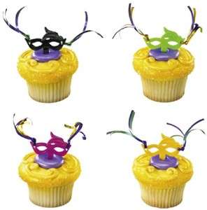 12 Mardi Gras Masks w/ ribbons cupcake toppers picks party favors 
