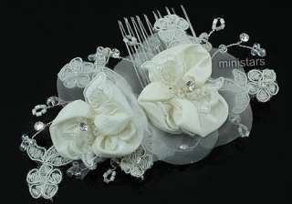 Bridal Wedding Handmade Ivory Fabric Flower Crystal Hair Comb T1430 