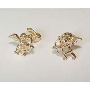 Kids 18K SKILLUS Gold Cupid w/ Bow Stud Earrings, Ages 7 to 18 ,Anti 