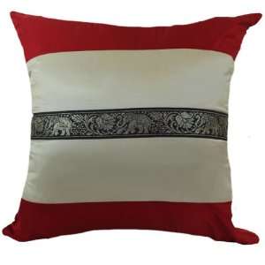 Bright Red and Cream Thai Style 18x18 Decorative Silk Throw Pillow 