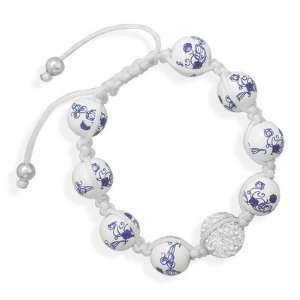 Ster. Silver Adj able White Macrame Cord Bracelet 12mm Ceramic Glass 