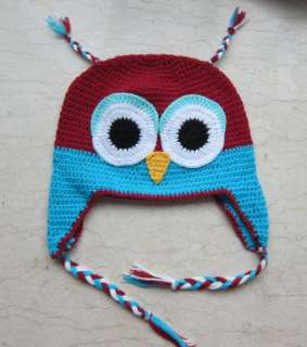 Baby Toddler Red Blue Crochet Owl Ear Flap Hat Cap Beanie  