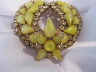 Vintage Heart Rhinestone Brooch Pin 3D Flower Yellow & Crystal 