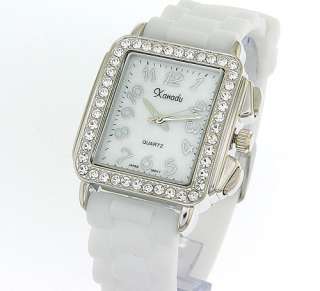 TRENDY Ladies White Rubber Strap Square Watch Crystals  