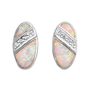    Sterling Silver Pink Opal Oval Single Stripe Earrings Jewelry