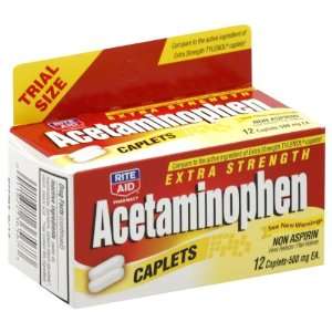 Rite Aid Acetaminophen, Extra Strength, 500 mg, Caplets, Trial Size 12 