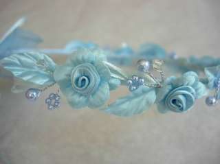 Blue Flower girl wreath halo headpiece long ribbon  
