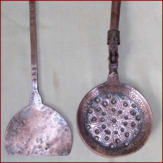 OLD PAIR OF COPPER COOKING UTENSILS SPATULA STRAINER ENGRAVED 
