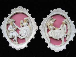 PAIR OF 1957 UNIVERSAL STATUARY CORP CHALKWARE VICTORIAN WALL PLAQUES 