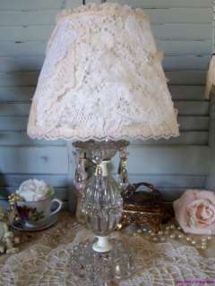 Vintage Romantic Glass Vanity ~ Boudoir Lamp With Shabby Lace Shade 