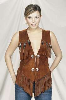 Ladies Leather western vest with fringe and beads New *  