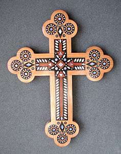 Cherry Wood Cross, in Intarsia Design, Inlaid w/ Glass Beads  