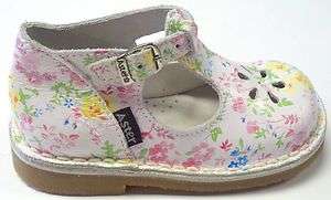   Bimbo Girls T Strap, White With Floral Print, Made in France  
