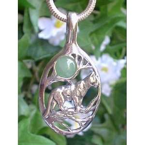   Silver Cougar or Lion Cat with Green Aventurine Moon Pendant Jewelry