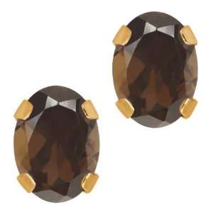 50 Ct Oval Brown Smoky Quartz 14K Yellow Gold 4 prong Stud Earrings 