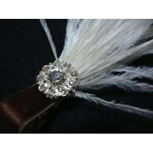NEW Glamorous Ivory White and Brown Velvet Ostrich Feather Hair Clip 