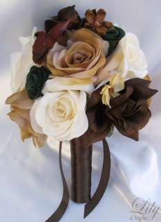 17pcs Wedding Bridal Bouquet Silk Flower CAMO Camouflage Bride IVORY 