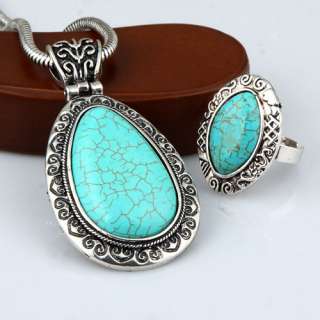 women fashion tibet silver carve blue tear turquoise twisted ring 