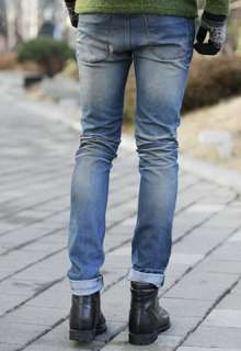 Vintage style men bright sky blue skinny natural jeans  