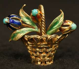 ART NOUVEAU OLD 18K 750 GOLD BASKET BROOCH PIN ENAMELED FLOWER PERSIAN 
