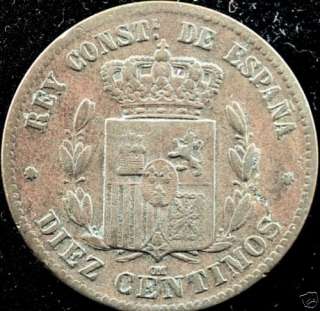 1877 Alfonso XII 10 Centimos Spanish Coin  
