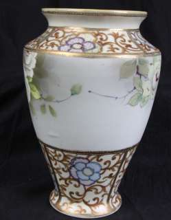 L8 NIPPON PRE 1921 HD PAINTED FLORAL GILT BEADED FLARED OVOID VASE 