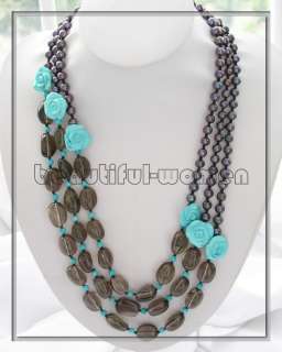 3row 8mm black pearl crystal turquoise flower necklace 25incsh