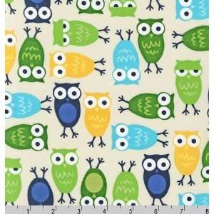 Urban Zoologie Blue, Green, and Yellow on Cream Owls Ann Kelle Fabric 