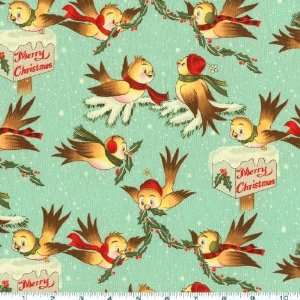  44 Wide Christmas Time Santas Sparrows Vintage Aqua Fabric 