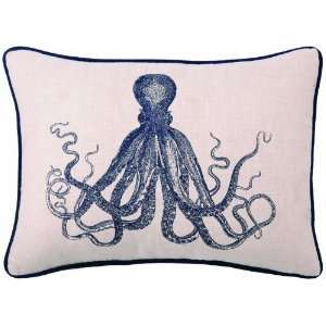   Embroidered Linen Pillow, Octopus, Blue, 14 by 20 Inch