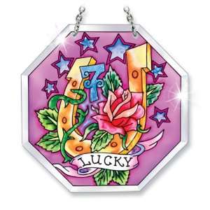 Amia Hand Painted Beveled Glass Lucky Day Suncatcher, 4 1/2 Inch by 4 