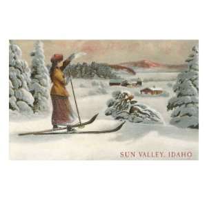  Sun Valley, Idaho, Woman Skier Looking Over Town Stretched 