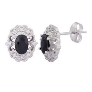 Platinum Plated Sterling Silver Black and White Cubic Zirconia Oval 