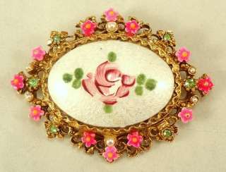   ART Cloisonne Enamel Pink Flower RhinestoneBrooch Pin WOW  