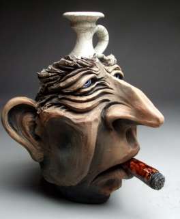 Old Timer with Cigar   Face Jug raku pottery folk art sculpture by 