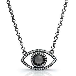 Sterling Silver with Black Rhodium Diamond Moonstone Evil Eye Necklace 