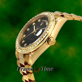 Rolex Mens President Day Date Gold Black Diamond Watch  