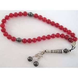   Worry Beads Traditional 33 X Red Jade / Hematite Gemstone Bead Set