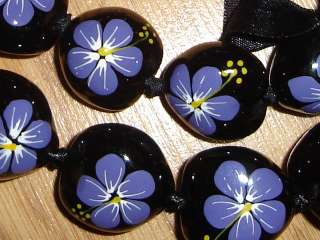 Handpainted Flower Black Kukui Nut Necklace Lei 34  