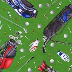  Golf quilt fabric by Elizabeth Studios golf bags, balls, clubs 